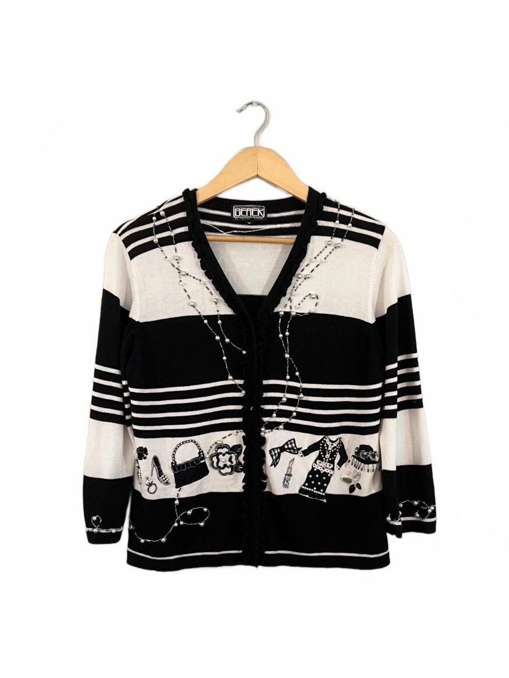Y2K Berek Striped Pearl Beaded Embellished Cardigan 2000’s Whimsy Knitwear